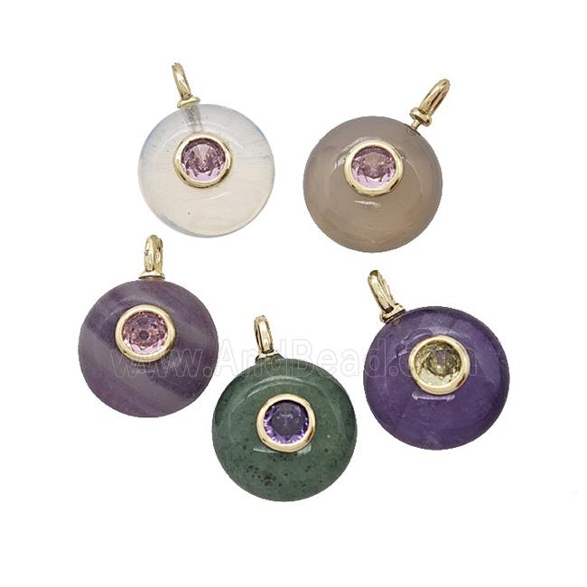 Natural Gemstone Coin Pendant Pave Zirconia Mix