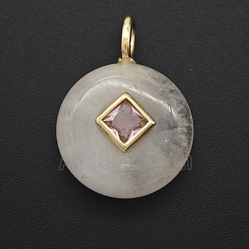 Clear Crystal Quartz Coin Pendant Pave Zirconia