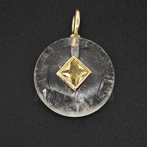 Clear Crystal Quartz Coin Pendant Pave Zirconia