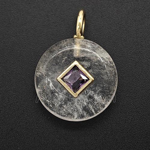Clear Crystal Quartz Coin Pendant Pave Zirconia