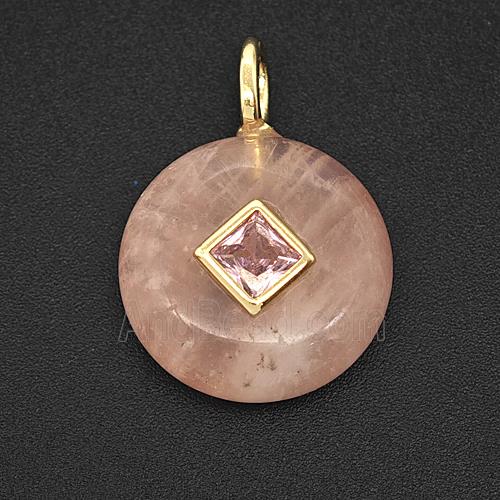 Natural Pink Rose Quartz Coin Pendant Pave Zirconia