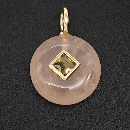 Natural Pink Rose Quartz Coin Pendant Pave Zirconia