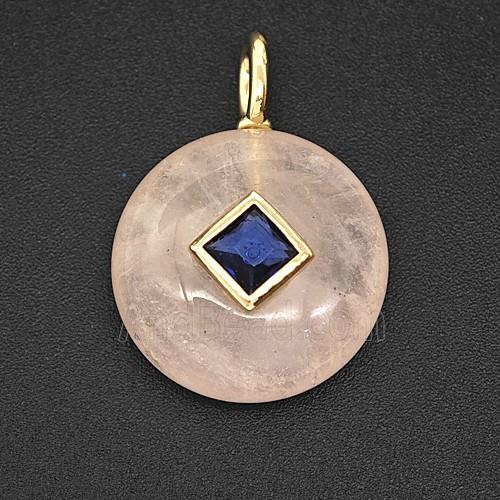 Natural Pink Rose Quartz Coin Pendant Pave Zirconia
