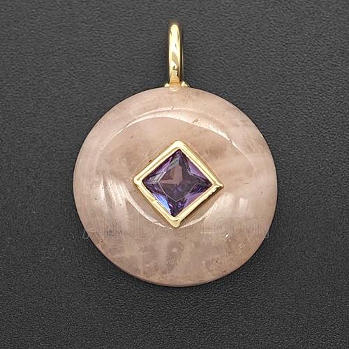 Natural Pink Rose Quartz Coin Pendant Pave Zirconia