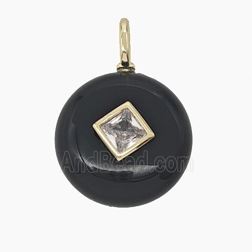 Natural Black Obsidian Coin Pendant Pave Zirconia