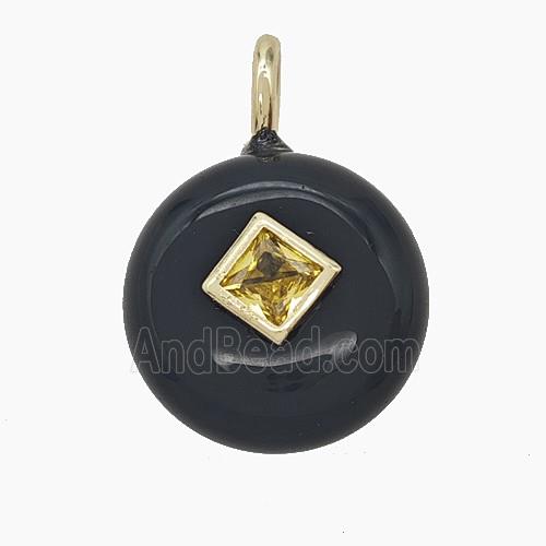 Natural Black Obsidian Coin Pendant Pave Zirconia