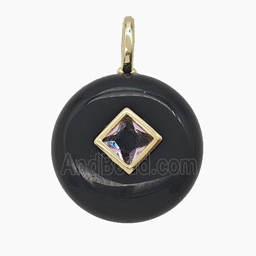 Natural Black Obsidian Coin Pendant Pave Zirconia