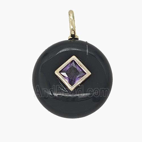 Natural Black Obsidian Coin Pendant Pave Zirconia