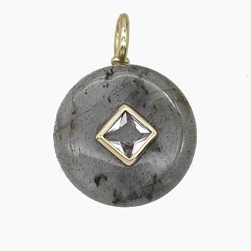 Natural Labradorite Coin Pendant Pave Zirconia