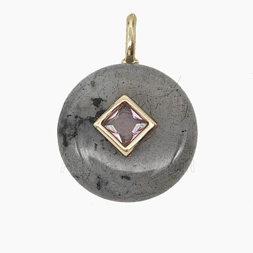 Natural Labradorite Coin Pendant Pave Zirconia