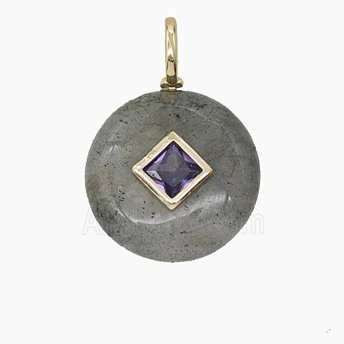 Natural Labradorite Coin Pendant Pave Zirconia