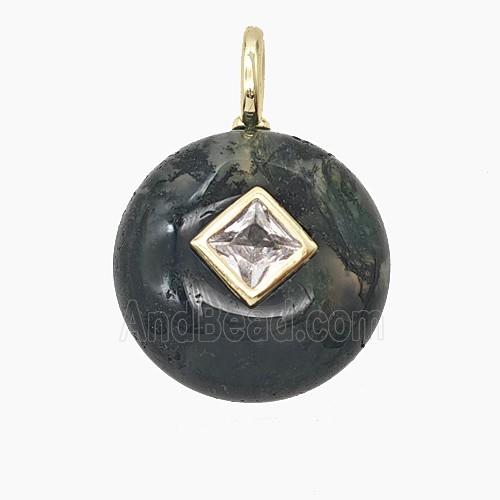 Natural Green Moss Agate Coin Pendant Pave Zirconia