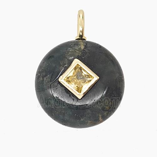 Natural Green Moss Agate Coin Pendant Pave Zirconia
