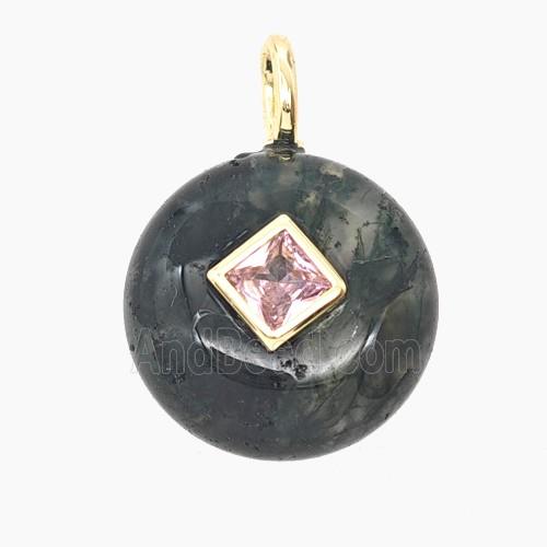 Natural Green Moss Agate Coin Pendant Pave Zirconia