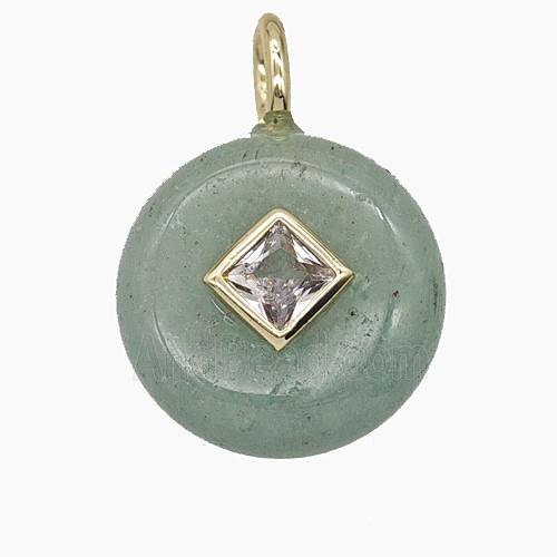 Green Aventurine Coin Pendant Pave Zirconia