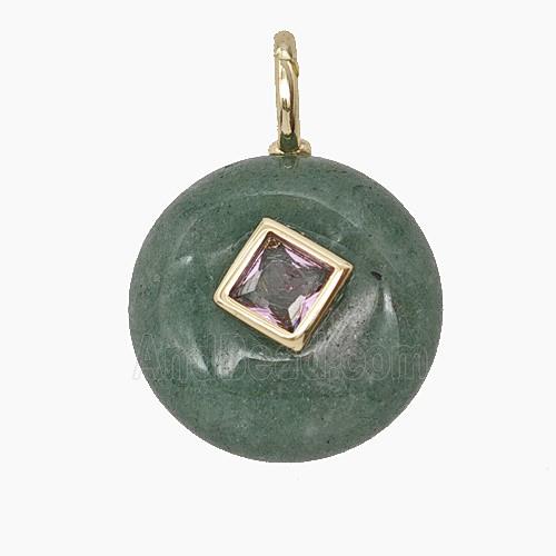 Green Aventurine Coin Pendant Pave Zirconia