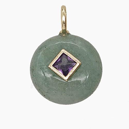 Green Aventurine Coin Pendant Pave Zirconia