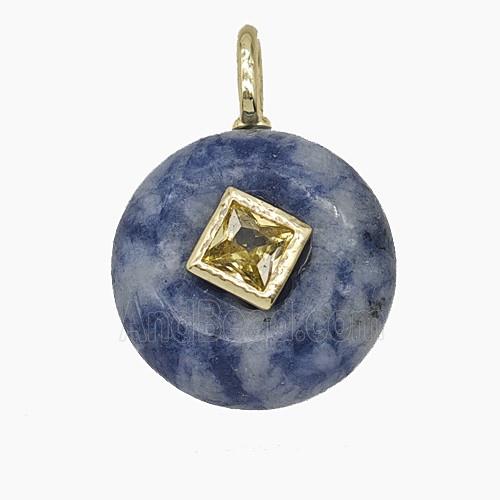 Blue Dalmatian Jasper Coin Pendant Pave Zirconia