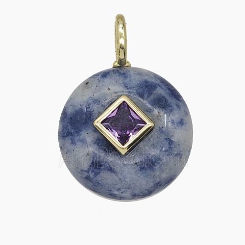 Blue Dalmatian Jasper Coin Pendant Pave Zirconia