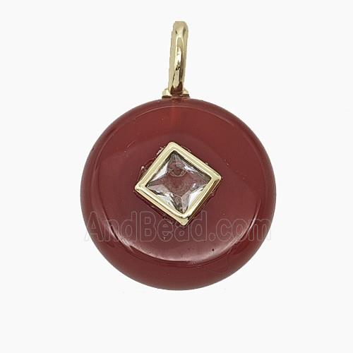 Red Dye Agate Coin Pendant Pave Zirconia