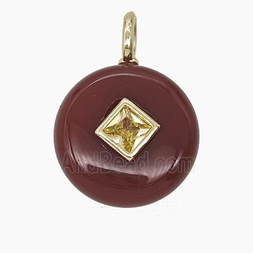 Red Dye Agate Coin Pendant Pave Zirconia