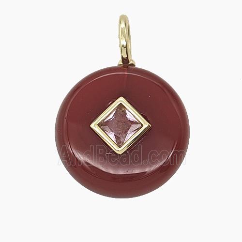 Red Dye Agate Coin Pendant Pave Zirconia