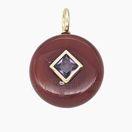 Red Dye Agate Coin Pendant Pave Zirconia
