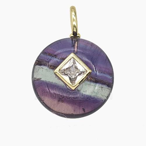 Natural Fluorite Coin Pendant Pave Zirconia