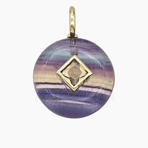 Natural Fluorite Coin Pendant Pave Zirconia