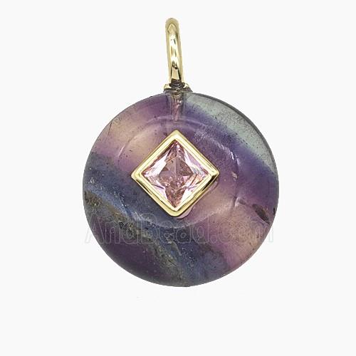Natural Fluorite Coin Pendant Pave Zirconia
