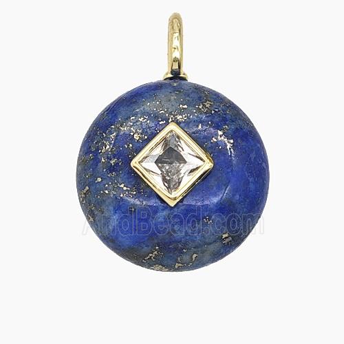 Natural Blue Lapis Lazuli Coin Pendant Pave Zirconia