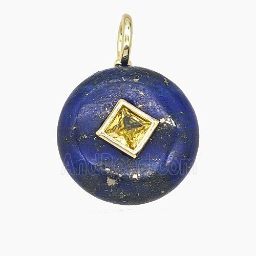 Natural Blue Lapis Lazuli Coin Pendant Pave Zirconia