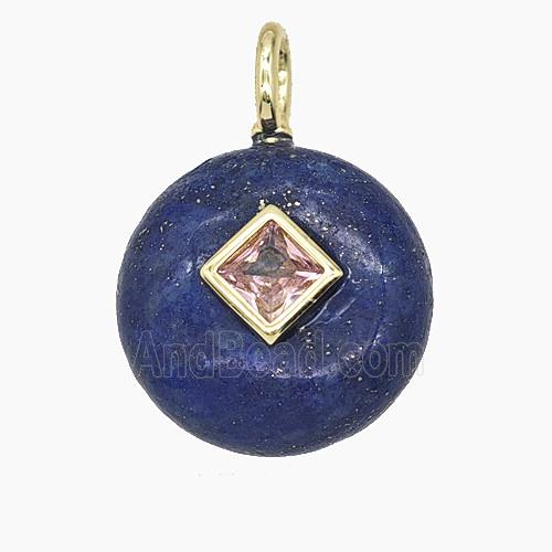 Natural Blue Lapis Lazuli Coin Pendant Pave Zirconia