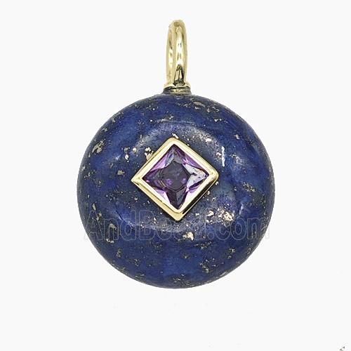 Natural Blue Lapis Lazuli Coin Pendant Pave Zirconia