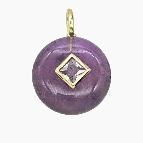 Natural Purple Amethyst Coin Pendant Pave Zirconia