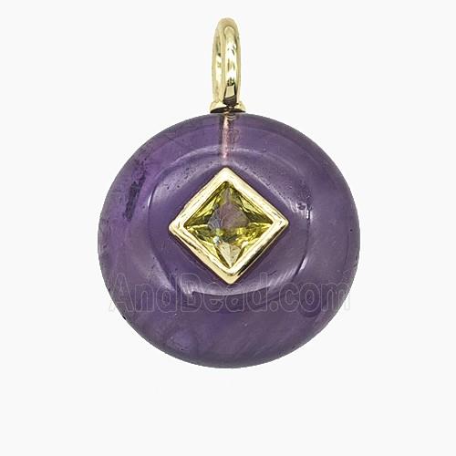 Natural Purple Amethyst Coin Pendant Pave Zirconia