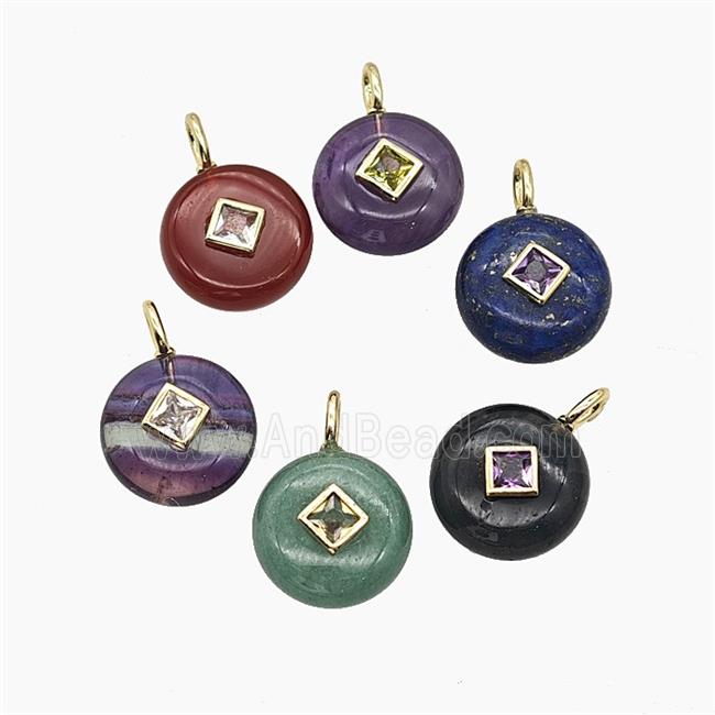 Natural Gemstone Coin Pendant Pave Zirconia Circle Mix