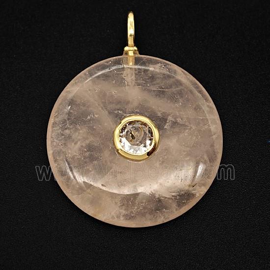 Natural Pink Rose Quartz Coin Pendant Pave Zirconia