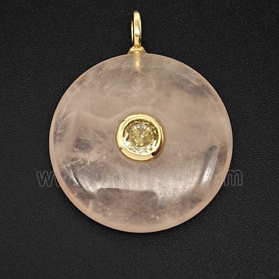 Natural Pink Rose Quartz Coin Pendant Pave Zirconia