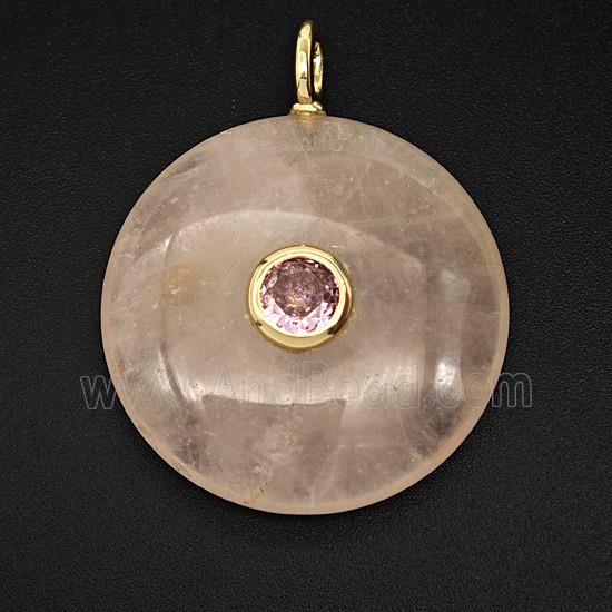 Natural Pink Rose Quartz Coin Pendant Pave Zirconia