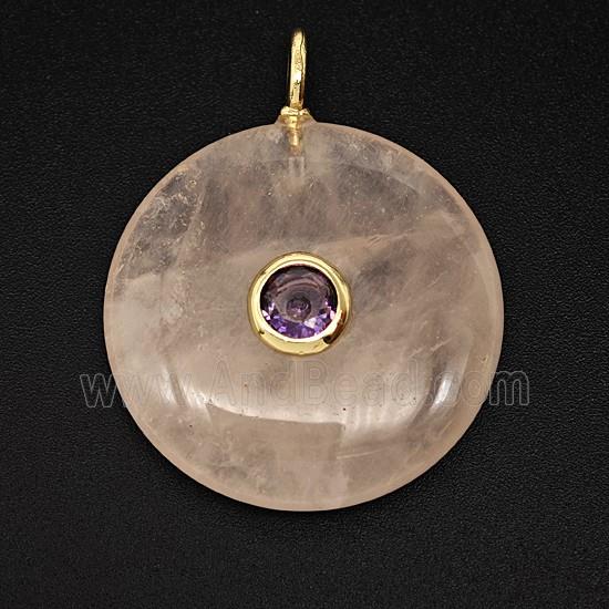 Natural Pink Rose Quartz Coin Pendant Pave Zirconia