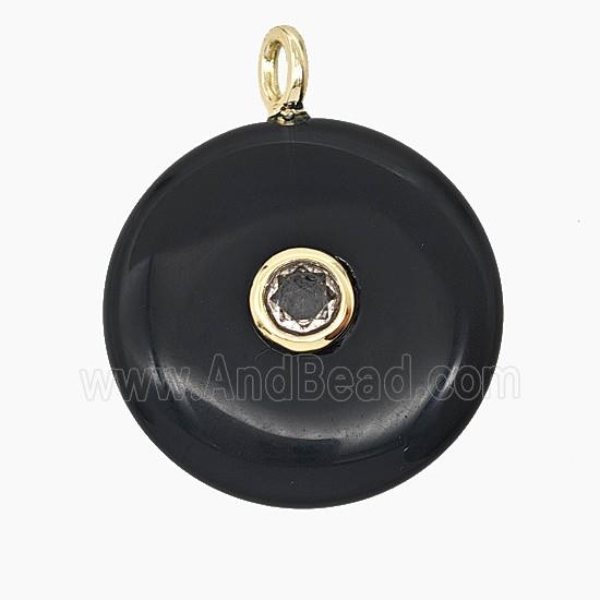 Natural Black Obsidian Coin Pendant Pave Zirconia