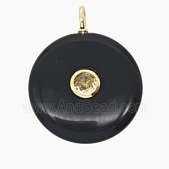 Natural Black Obsidian Coin Pendant Pave Zirconia