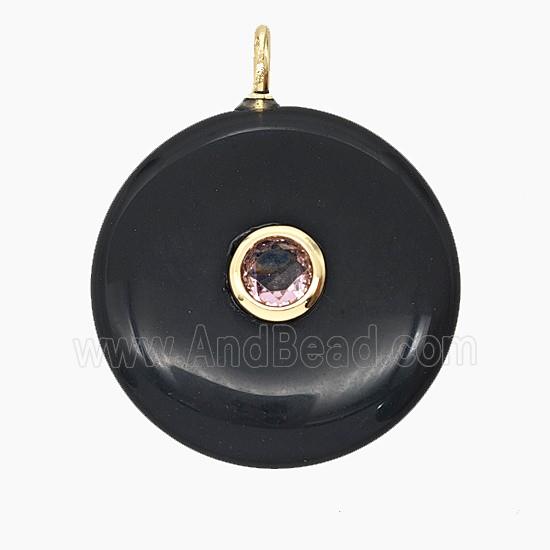 Natural Black Obsidian Coin Pendant Pave Zirconia