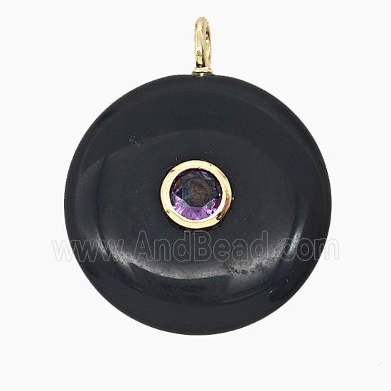 Natural Black Obsidian Coin Pendant Pave Zirconia