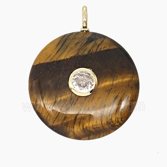 Natural Tiger Eye Stone Coin Pendant Pave Zirconia