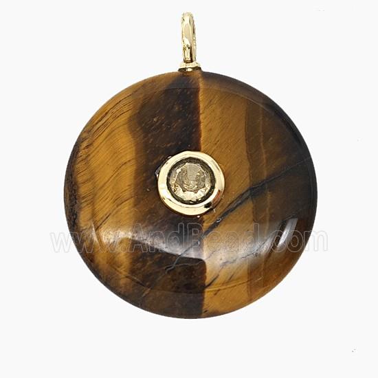 Natural Tiger Eye Stone Coin Pendant Pave Zirconia