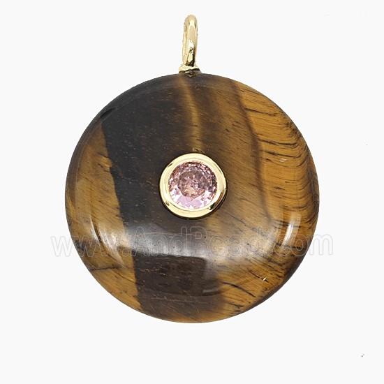 Natural Tiger Eye Stone Coin Pendant Pave Zirconia