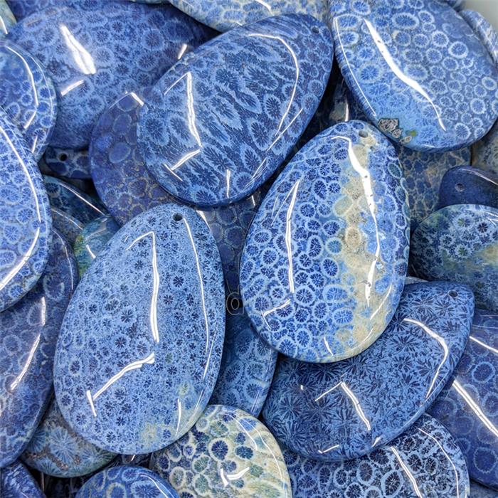 Natural Coral Fossil Teardrop Pendant Blue Dye