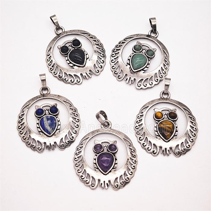 Gemstone Pendant, Antique Silver Plated